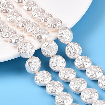 Transparent Spray Painted Glass Beads Strands, Flat Round with Pattern, Floral White, 13.5x7.5mm, Hole: 1mm, about 30pcs/strand, 15.94~16.14 inch(40.5~41cm)