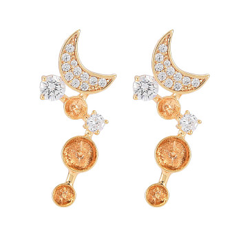 Brass Micro Pave Clear Cubic Zirconia Stud Earring Findings, for Half Drilled Beads, Nickel Free, Moon, Real 18K Gold Plated, 27x11mm, Pin: 0.6mm, pin: 0.6mm(for half drilled beads)