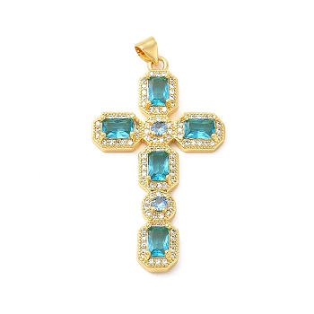 Rack Plating Brass Pendants, with Glass Cubic Zirconia, Religion Cross Charm, Cadmium Free & Lead Free, Long-Lasting Plated, Real 18K Gold Plated, Pale Turquoise, 46x26x4mm, Hole: 5X3mm