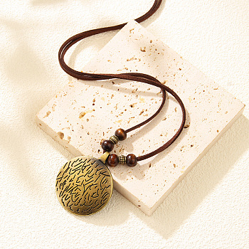 Boho Adjustable Wooden Bead Waxed Cord Vintage Alloy Flat Round Pendant Necklaces, Saddle Brown, Antique Golden, 35.43 inch(90cm)