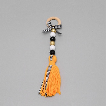 Senior Year Theme Wooden Woolen Yarn Tassels Pendant Decorations, with Wooden Beads, Dark Orange, 250mm