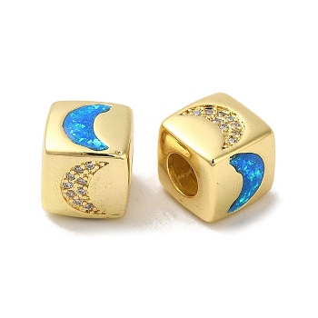 Rack Plating Brass Micro Pave Cubic Zirconia Beads, with Synthetic Opal, Cadmium Free & Lead Free, Long-Lasting Plated, Real 18K Gold Plated, Square, Large Hole Beads, European, Moon, 10x9.5x10mm, Hole: 5mm