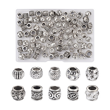 100Pcs 10 Style Tibetan Style Alloy European Beads, Large Hole Beads, Column, Antique Silver, 8~11x8~12x6~11mm, Hole: 4~6mm, 10pcs/style