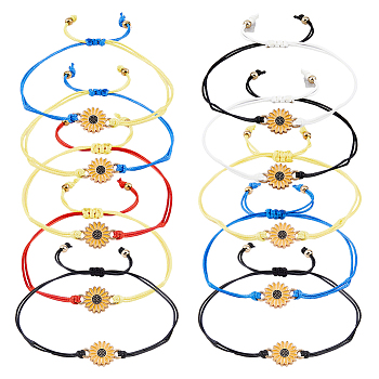 10Pcs 5 Colors Alloy Sunflower Link Bracelets Set, Braided Adjustable Bracelets, Mixed Color, Inner Diameter: 3/4 inch(2cm)~3-1/8 inch(8cm), 2Pcs/color
