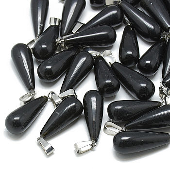 Natural Black Stone Pendants, with Stainless Steel Snap On Bails, Drop, 28~30x10~12mm, Hole: 6x4mm