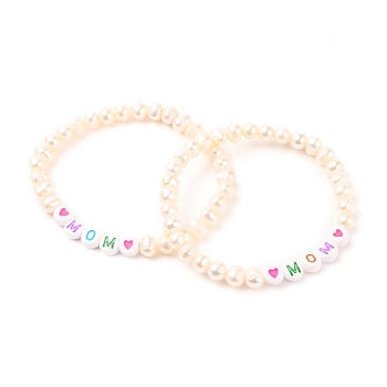 Mother's Day Gifts, Stretch Bracelets, with Natural Pearl Beads and Acrylic Beads, Word Mom, Colorful, Inner Diameter: 2-1/2 inch(6.5cm)