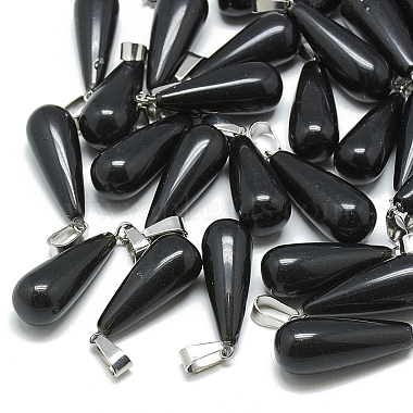 Stainless Steel Color Teardrop Black Stone Pendants