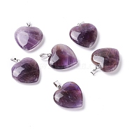Natural Amethyst Pendants, with Platinum Tone Brass Findings, Heart, 27~28x24.5~26x6~8.5mm, Hole: 2.4x5.6mm(X-G-G956-B33-FF)