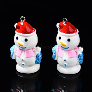 Resin Pendants, with Platinum Tone Iron Findings, Christmas Theme, Snowman, Pearl Pink, 42~44x23~24x19mm, Hole: 2mm(RESI-T028-12A)
