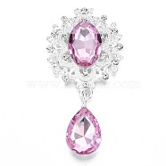 Alloy Flat Back Cabochons, with Acrylic Rhinestones, Oval and Teardrop, Silver Color Plated, Faceted, Pink, 58x29x7mm, Pendant: 24.5x13x7mm(RB-S063-07S)