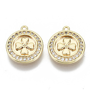 Brass Micro Pave Cubic Zirconia Charms, Nickel Free, Flat Round with Clover, Clear, Real 18K Gold Plated, 13x12x2mm, Hole: 1mm(KK-N232-70-NF)