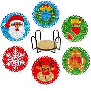 DIY Christmas Theme Diamond Painting Coaster Kits, Including Acrylic Cup Mat, Cork Mat, Iron Coaster Stand, Resin Rhinestones, Pen, Tray Plate and Glue Clay, Colorful, 100mm, 6pcs/set(XMAS-PW0001-160B)