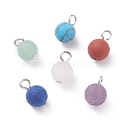 Frosted Natural & Synthetic Gemstone Charms, with Platinum Tone Iron Loops, Round, 13x8mm, Hole: 3mm(PALLOY-JF01388)
