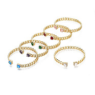 Cubic Zirconia Heart Open Cuff Bangle, Real 18K Gold Plated Brass Curb Chain Shape Bangle for Women, Mixed Color, Inner Diameter: 2-1/4 inch(5.7cm)(BJEW-N012-016-B)