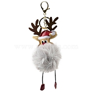 Imitation Rex Rabbit Fur & PU Leather Christmas Reindeer Pendant Keychain, with Alloy Clasp, for Bag Car Pendant Decoration, Gainsboro, 21.2cm(KEYC-K018-03KCG-01)