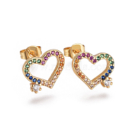 Brass Micro Pave Cubic Zirconia Stud Earrings, with Brass Ear Nuts, Heart, Colorful, Golden, 11.5x9mm, Pin: 0.7mm(EJEW-F201-12G)