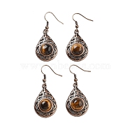 Natural Tiger Eye Teardrop Dangle Earrings, Red Copper Plated Hollow Brass Earrings for Women, 46.5x19.5mm(EJEW-B055-02R-18)