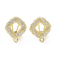 Hollow Rhombus Brass Micro Pave Cubic Zirconia Stud Earrings Finding, with Horizontal Loops, Cadmium Free & Lead Free, Real 18K Gold Plated, 18x15mm, Hole: 1.4mm, Pin: 0.8mm(KK-E083-05G)