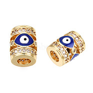 Brass Micro Pave Cubic Zirconia Beads, with Enamel, Real 18K Gold Plated, Column with Evil Eye, Nickel Free, Dark Blue, 11.5x9.5mm, Hole: 4.5mm(KK-N227-90B)