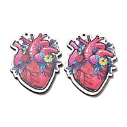 Single Face Printed Wood Big Pendants, Valentine's Day Charms, Heart, 54x40x2.5mm, Hole: 1.8mm(WOOD-B008-06)