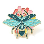 Insect with Flower Enamel Pins, Light Gold Zinc Alloy Brooches for Women, Insects, 30.5x34.5x1.5mm(JEWB-E033-01G-02)