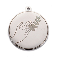 304 Stainless Steel Pendants, Flat Round with Hand & Grass, Stainless Steel Color, 28x25x1.4mm, Hole: 2mm(STAS-C032-06P)