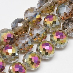 Electroplate Glass Beads Strands, Rainbow Plated, Frosted, Faceted, Round, Tan, 12mm, Hole: 1.5mm, about 50pcs/strand, 22.05 inch(EGLA-Q086-12mm-05)