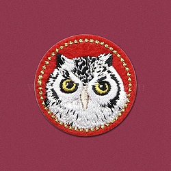 Flat Round with Owl Computerized Embroidery Cloth Iron on/Sew on Patches, Costume Accessories, Appliques, Crimson, 42mm(WG45520-04)