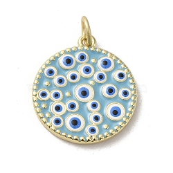 Brass Enamel Pendants, with Jump Ring, Real 18K Gold Plated, Flat Round with Evil Eye Charm, Light Sky Blue, 19x17x2mm, Hole: 3.2mm(KK-E092-20B-02)