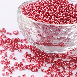 (Repacking Service Available) Glass Seed Beads, Opaque Colors Lustered, Round, Crimson, 6/0, 4mm, Hole: 1mm, about 12g/bag(SEED-C021-4mm-125B)