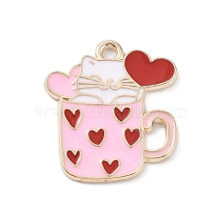 Alloy Enamel Pendants, Golden, Cup Cat with Heart Charm, Pink, 22x20x1mm, Hole: 1.6mm(PALLOY-P301-04B-G)