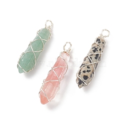 Natural & Synthetic Mixed Stone Pointed Pendants, Bullet Charm, with Copper Wire Wrapped, Silver, 39x9x9mm, Hole: 3mm(PALLOY-JF01742-02)