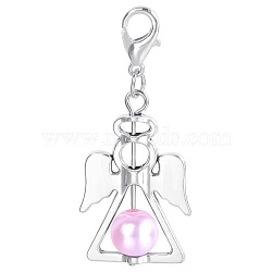 Alloy Angel Pendant Decorations, with CCB Imitation Pearl, Pearl Pink, 4.4x1.9cm(KEYC-PW0009-04G)