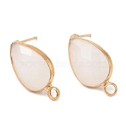 Brass Stud Earring Findings, with Glass and 304 Stainless Steel Pins & Horizontal Loops, Light Glod, Teardrop, Old Lace, 18.5~19x10.5x4.5mm, Hole: 2.2mm, Pin: 0.8mm(KK-Q777-31LG)