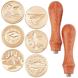 Graduation Theme DIY Scrapbook, Including 6Pcs Brass Wax Seal Stamp Heads and 2Pcs Pear Wood Handle, Mixed Patterns, Stamp Heads: 6pcs(DIY-CP0006-24)