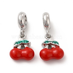 Rack Plating Alloy Red Enamel European Dangle Charms, Large Hole Charms, Cherry, Platinum, 24mm, Cherry: 14.5x11.5x5mm, Hole: 5mm(PALLOY-P289-09P)