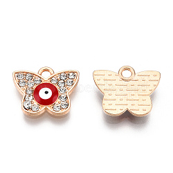 Alloy Enamel Charms, with Crystal Rhinestone, Light Gold, Cadmium Free & Lead Free, Butterfly with Evil Eye, Red, 12x15x2.5mm, Hole: 1.8mm(PALLOY-N153-50)