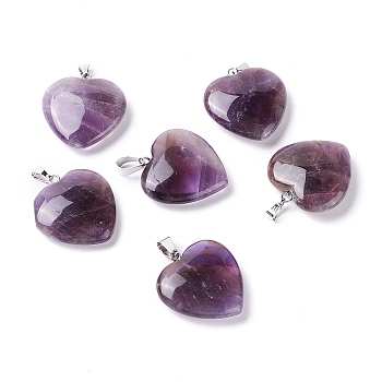 Natural Amethyst Pendants, with Platinum Tone Brass Findings, Heart, 27~28x24.5~26x6~8.5mm, Hole: 2.4x5.6mm