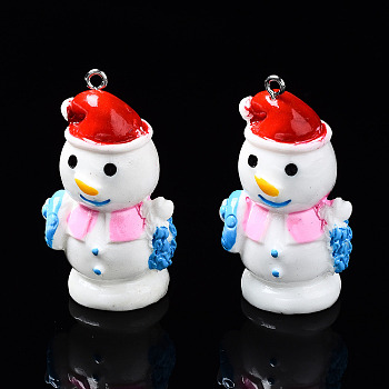 Resin Pendants, with Platinum Tone Iron Findings, Christmas Theme, Snowman, Pearl Pink, 42~44x23~24x19mm, Hole: 2mm