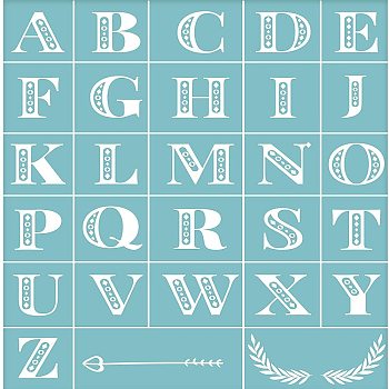 Self-Adhesive Silk Screen Printing Stencil, for Painting on Wood, DIY Decoration T-Shirt Fabric, 26 Alphabet and Arrow, Sky Blue, 28x22cm