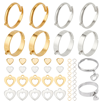 DIY Heart Charm Adjustable Ring Making Kit, Including 304 Stainless Steel Loop Ring Bases, Jump Rings, 201 Stainless Steel Charms, Golden & Stainless Steel Color, 80Pcs/box