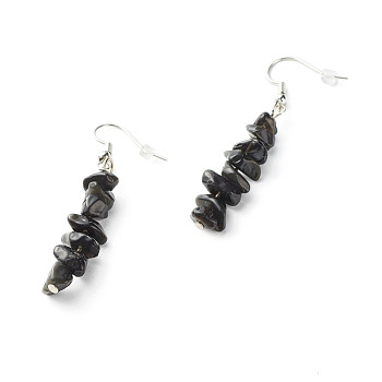 Natural Obsidian Chip Beads Dangle Earrings, Brass Jewelry for Girl Women, Platinum, 53.5~54.5mm, Pin: 0.5mm