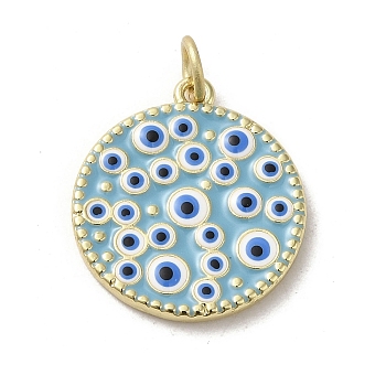 Brass Enamel Pendants, with Jump Ring, Real 18K Gold Plated, Flat Round with Evil Eye Charm, Light Sky Blue, 19x17x2mm, Hole: 3.2mm