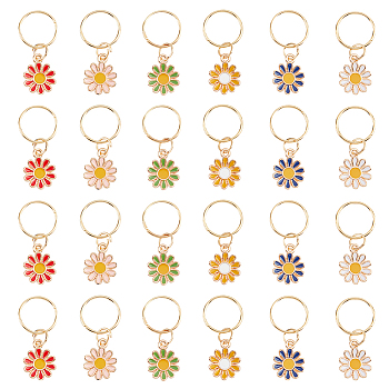 36Pcs 6 Colors Daisy Alloy Enamel Dreadlocks Beads, Braiding Hair Pendants Decoration Clips, Mixed Color, 30mm, 6pcs/color