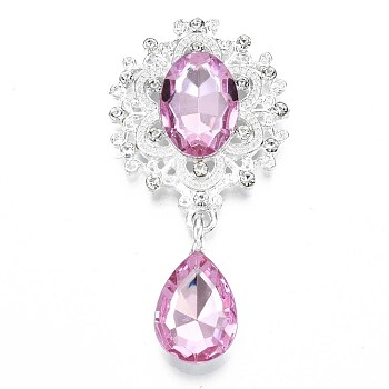 Alloy Flat Back Cabochons, with Acrylic Rhinestones, Oval and Teardrop, Silver Color Plated, Faceted, Pink, 58x29x7mm, Pendant: 24.5x13x7mm