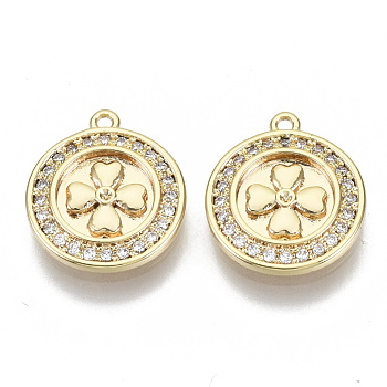 Brass Micro Pave Cubic Zirconia Charms, Nickel Free, Flat Round with Clover, Clear, Real 18K Gold Plated, 13x12x2mm, Hole: 1mm