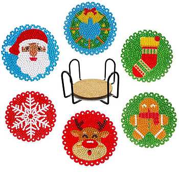 DIY Christmas Theme Diamond Painting Coaster Kits, Including Acrylic Cup Mat, Cork Mat, Iron Coaster Stand, Resin Rhinestones, Pen, Tray Plate and Glue Clay, Colorful, 100mm, 6pcs/set