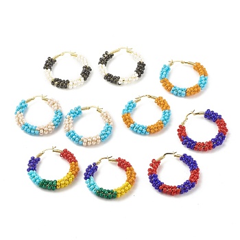 Porcelain Beaded Huggie Hoop Earrings for Women, Real 18K Gold Plated Big Circle Brass Hoop Earrings, Mixed Color, 44x45x8.5mm, Pin: 1.4x0.4mm