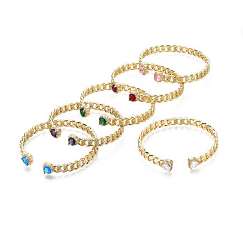 Cubic Zirconia Heart Open Cuff Bangle, Real 18K Gold Plated Brass Curb Chain Shape Bangle for Women, Mixed Color, Inner Diameter: 2-1/4 inch(5.7cm)