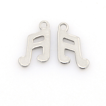 304 Stainless Steel Charms, Musical Note Pendants, Stainless Steel Color, 12x8x1mm, Hole: 1mm